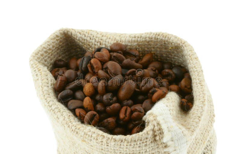 Coffee in burlap sack on pure white background. Coffee in burlap sack on pure white background