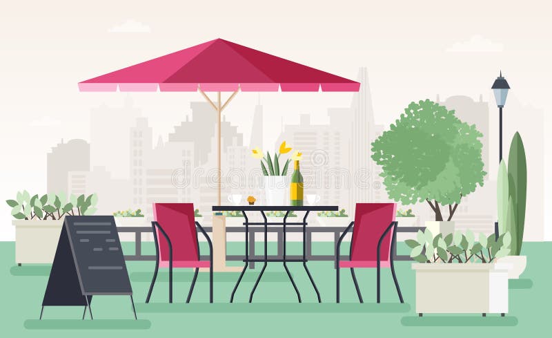 Café ou restaurante do passeio com a tabela, as cadeiras, o guarda-chuva, as plantas em pasta e a placa bem-vinda estando na rua
