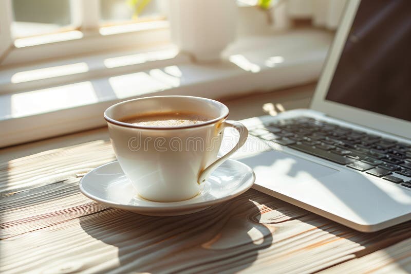 A white cup of coffee sits next to an open laptop bathed in warm morning light on a wooden table, suggesting a fresh start to the day AI generated. A white cup of coffee sits next to an open laptop bathed in warm morning light on a wooden table, suggesting a fresh start to the day AI generated