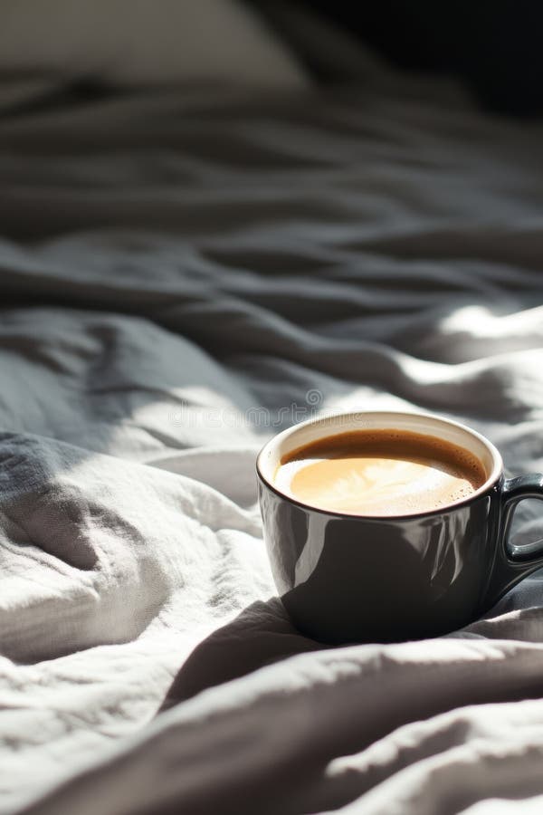 Café por la mañana en una acogedora cama con solárium relajante ambiente hogareño imágenes de archivo libres de regalías