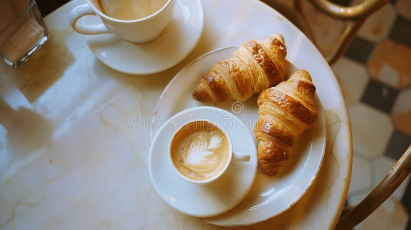 freshly brewed cup of coffee and two golden-brown croissants on a white plate, bathed in natural sunlight casting soft shadows. Ideal for themes of breakfast, relaxation, or morning routines. freshly brewed cup of coffee and two golden-brown croissants on a white plate, bathed in natural sunlight casting soft shadows. Ideal for themes of breakfast, relaxation, or morning routines