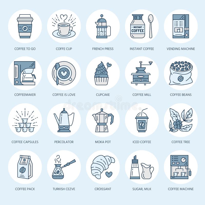 Café que faz o equipamento vector a linha ícones Ferramentas - potenciômetro do moka, imprensa do francês, moedor de café, café, ilustração do vetor Café que faz o equipamento vector a linha ícones Ferramentas - potenciômetro do moka, imprensa do francês, moedor de café, café, ilustração do vetor