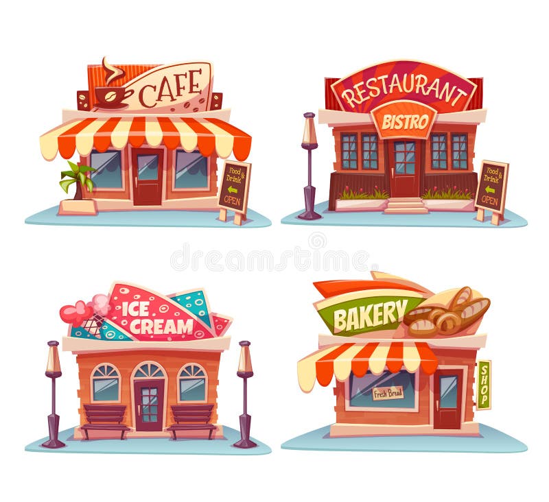 Café, restaurant, boutique de glace et boulangerie illustration stock Café, restaurant, boutique de glace et boulangerie illustration stock