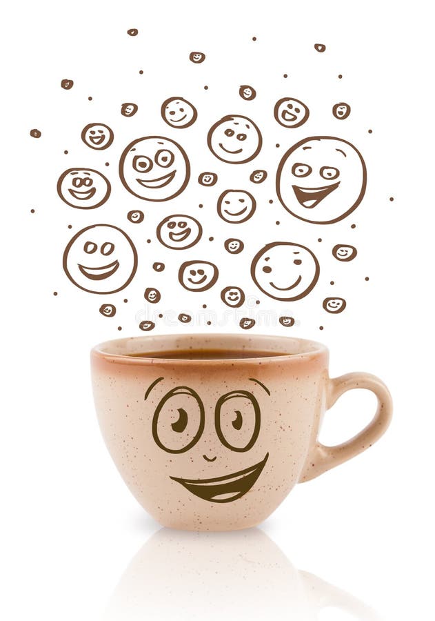 Coffee-cup with brown hand drawn happy smiley faces, isolated on white. Coffee-cup with brown hand drawn happy smiley faces, isolated on white