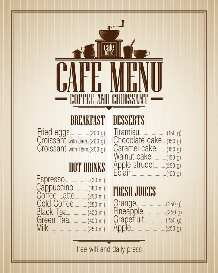 Cafe menu list with dishes name, retro style design. Cafe menu list with dishes name, retro style design.