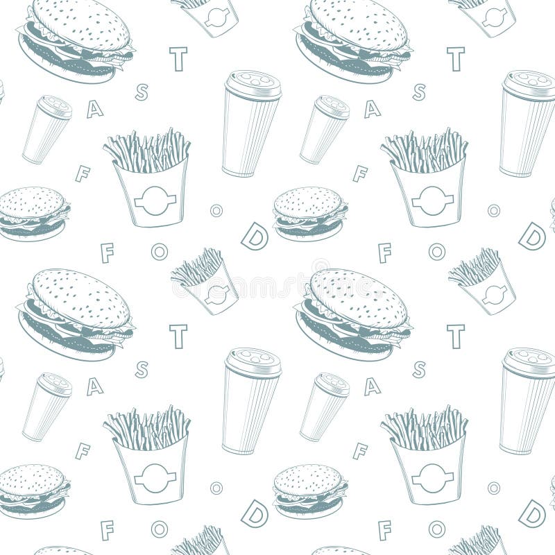 Cafénahrungsmittelvektor stellte weißes und blaues Fastfoodmonogrammmuster ein lizenzfreie abbildung Cafénahrungsmittelvektor stellte weißes und blaues Fastfoodmonogrammmuster ein lizenzfreie abbildung