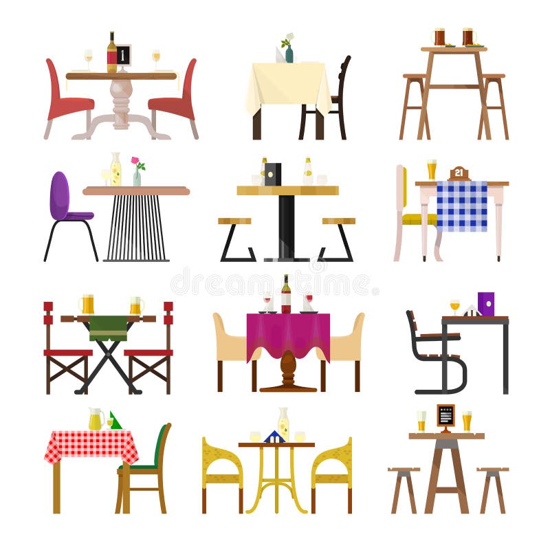 Cafétabellen in der Restauranteinstellung vector das Speisen der Möbeltabelle und -stuhls für romantisches Mittagessenabendessend lizenzfreie abbildung Cafétabellen in der Restauranteinstellung vector das Speisen der Möbeltabelle und -stuhls für romantisches Mittagessenabendessend lizenzfreie abbildung