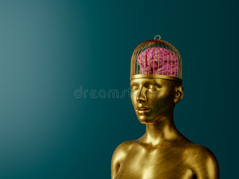 Ritratto d'oro una donna statua gabbia Testa un cervello dentro.
