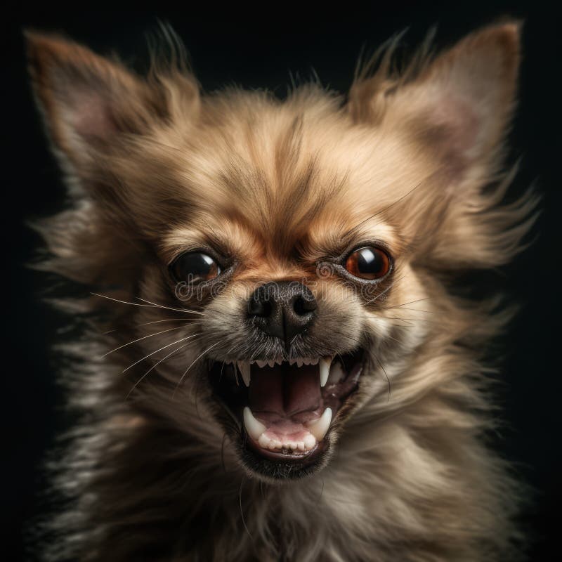 Cagnolino rabbioso di chihuahua con bocca aperta su fondo nero creato con tecnologia generativa ai royalty illustrazione gratis