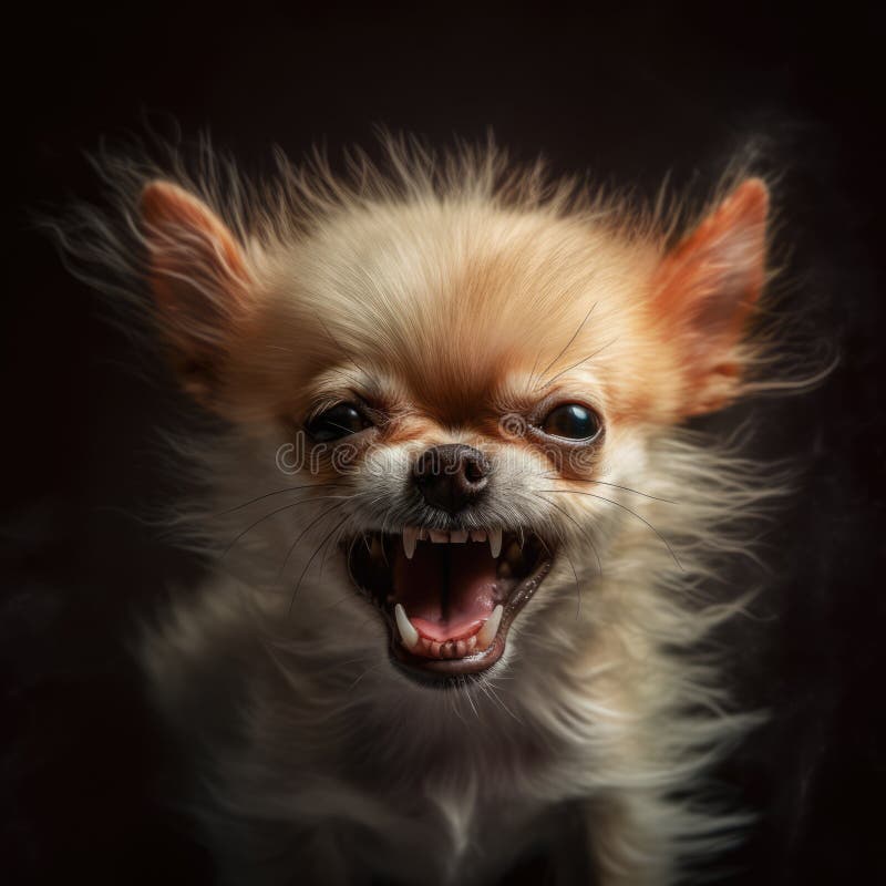 Cagnolino rabbioso di chihuahua con bocca aperta su fondo nero creato con tecnologia generativa ai illustrazione vettoriale