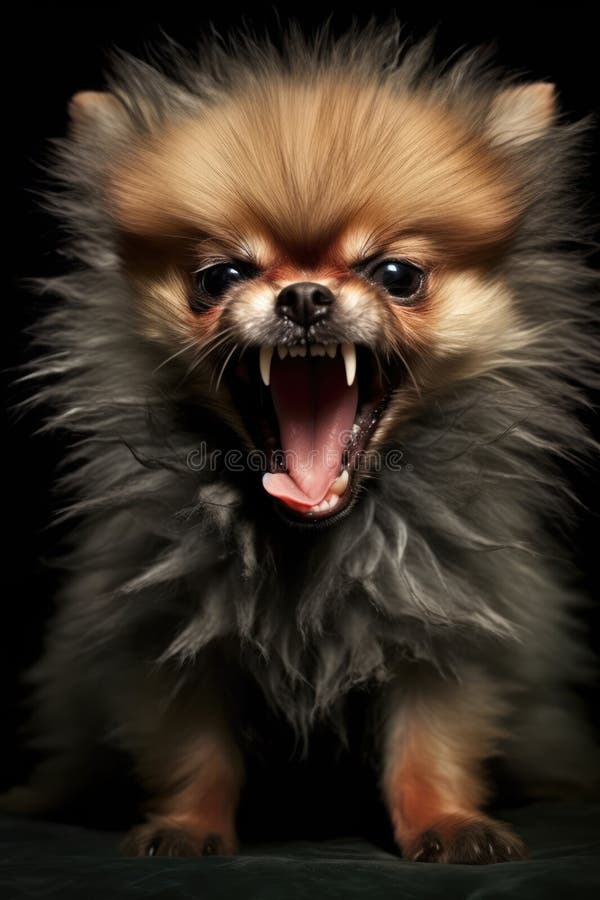 Cagnolino rabbioso di chihuahua con bocca aperta su fondo nero creato con tecnologia generativa ai illustrazione vettoriale