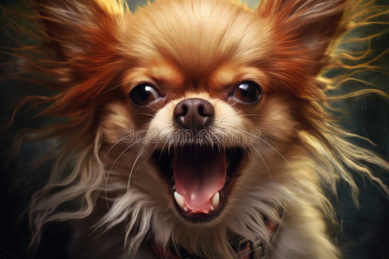 Cagnolino rabbioso di chihuahua con bocca aperta su fondo nero creato con tecnologia generativa ai illustrazione di stock
