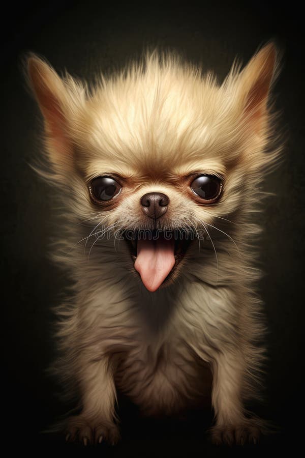Cagnolino rabbioso di chihuahua con bocca aperta su fondo nero creato con tecnologia generativa ai illustrazione di stock