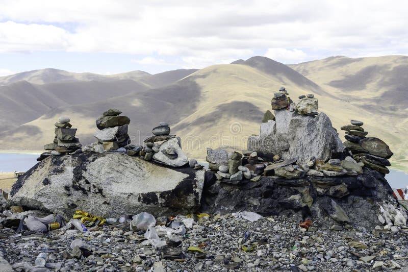 Cairns Mark a Mountain of the Tibetan Plateau in Brahmaputra Valley of