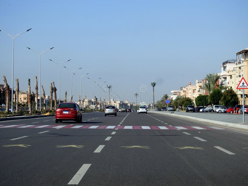 Cairo, Egypt, December 21 2022: Pedestrian crossing area on a highway road axis in Egypt with instructive paint on the asphalt and