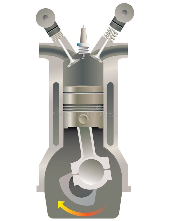 Um motor de combustão interna. O motor de desenho da máquina na seção,  ilustrando a estrutura interna - os cilindros, pistões, a vela de ignição.  Isolado sobre fundo branco . imagem vetorial