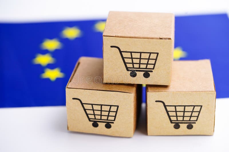 Caixa com logotipo do carrinho de compras e a União Europeia ( EU) bandeira: Exportação da importação que compram em linha ou ent imagens de stock royalty free Caixa com logotipo do carrinho de compras e a União Europeia ( EU) bandeira: Exportação da importação que compram em linha ou ent imagens de stock royalty free