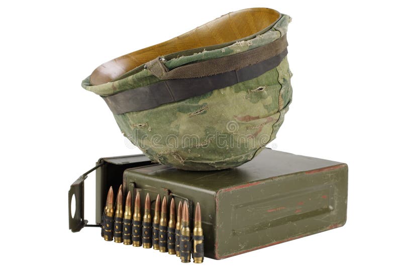US Army Ammo Box with ammunition belt and helmet isolated on white background. US Army Ammo Box with ammunition belt and helmet isolated on white background