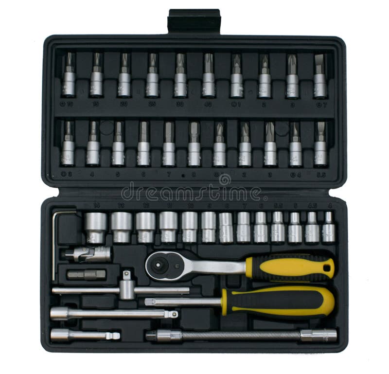 Caixa de cartão em um fundo branco Isolateset das ferramentas em uma pasta em um fundo branco isolate imagens de stock Caixa de cartão em um fundo branco Isolateset das ferramentas em uma pasta em um fundo branco isolate imagens de stock