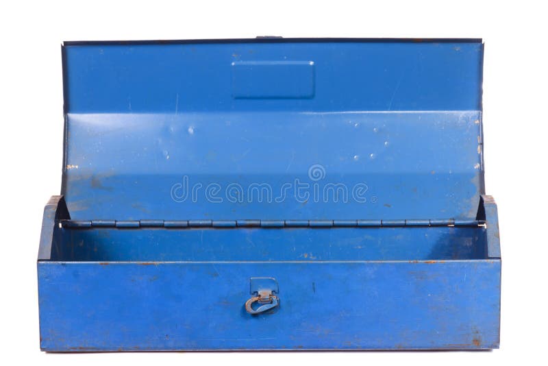 Caixa de ferramentas de aço azul oxidada do vintage isolada
