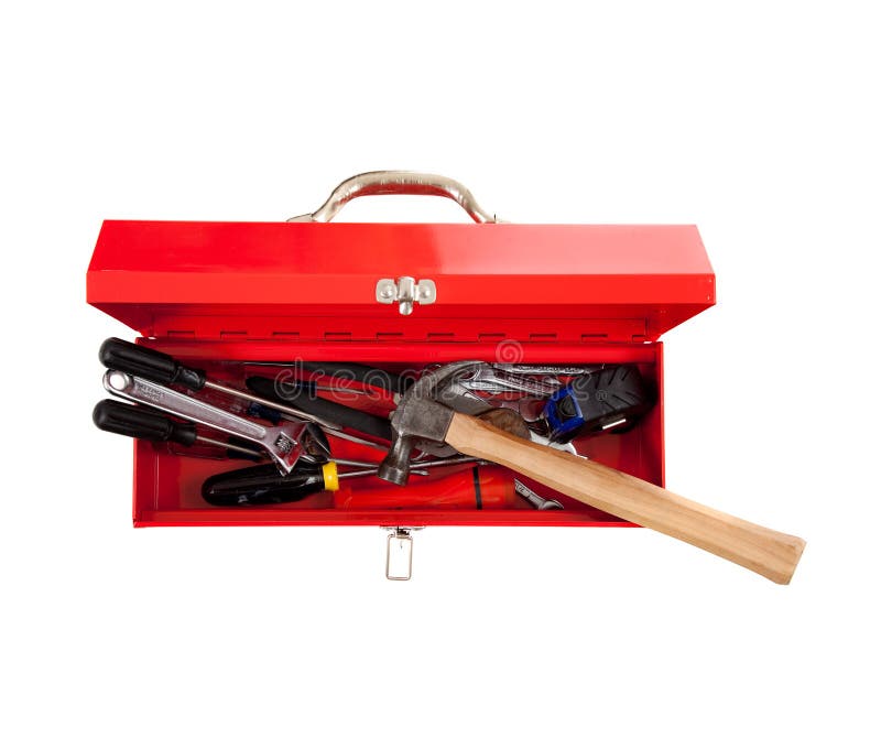 Caixa de ferramentas vermelha do metal com as ferramentas no branco
