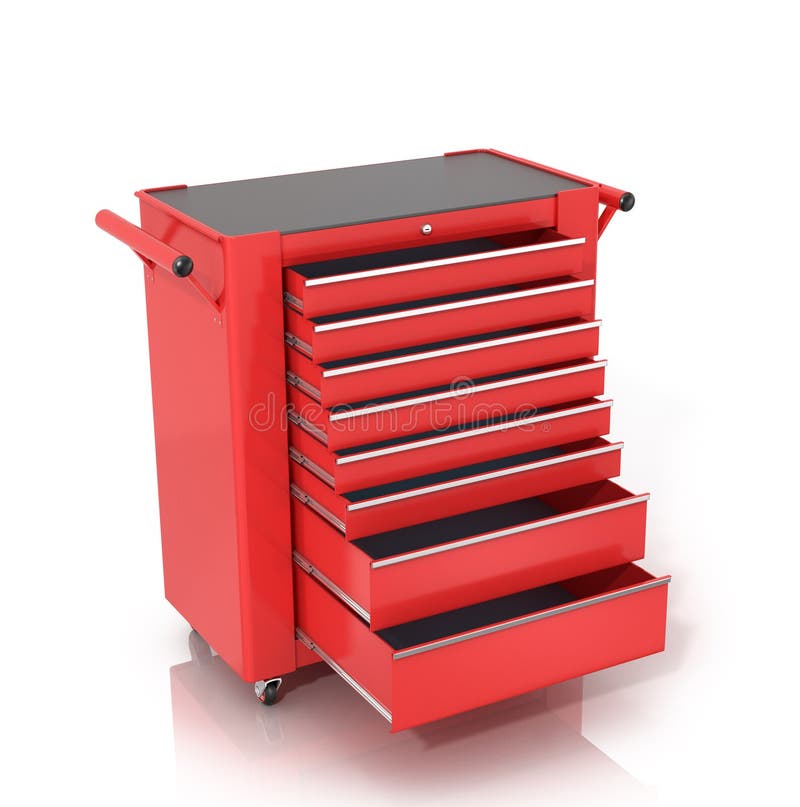 Caixa de ferramentas vermelha nas rodas com gavetas abertas