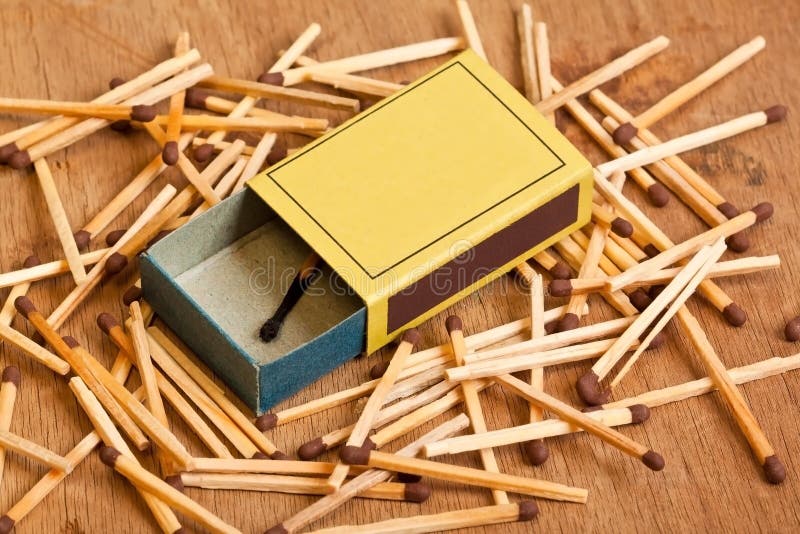 Yellow matchbox lying on pile of matches on a wooden surface. Yellow matchbox lying on pile of matches on a wooden surface