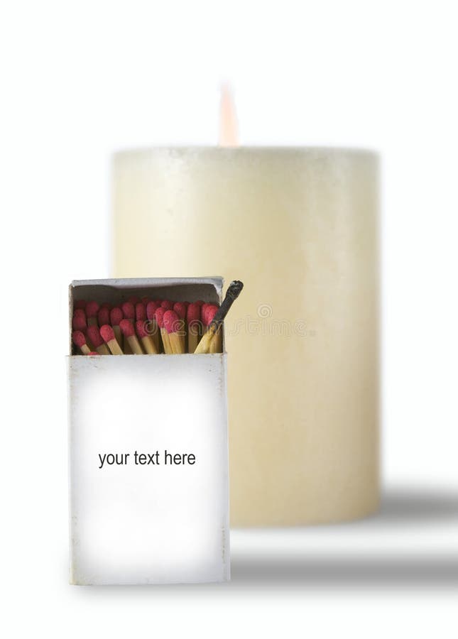 Matchbox and candle over white with advertising area. Matchbox and candle over white with advertising area