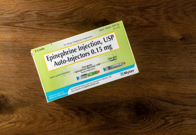 Morgantown, WV - 30 October 2019: Prescription box for two junior EpiPens for anaphylaxis in children or infants. Morgantown, WV - 30 October 2019: Prescription box for two junior EpiPens for anaphylaxis in children or infants
