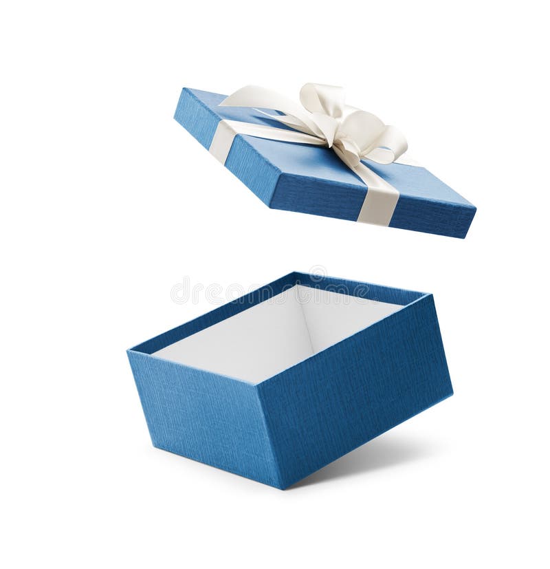 Caixa de presente aberta do azul com curva branca