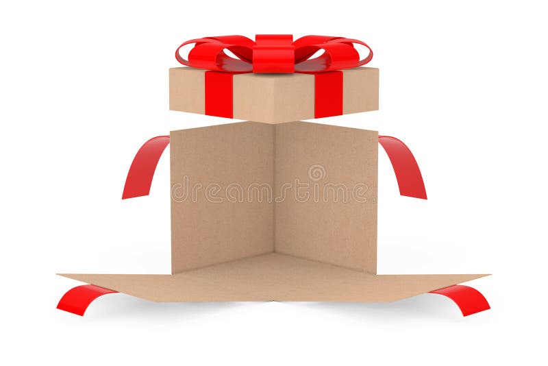Caixa de presente aberta do cartão da surpresa com fita e curva vermelhas rendição 3d ilustração royalty free Caixa de presente aberta do cartão da surpresa com fita e curva vermelhas rendição 3d ilustração royalty free