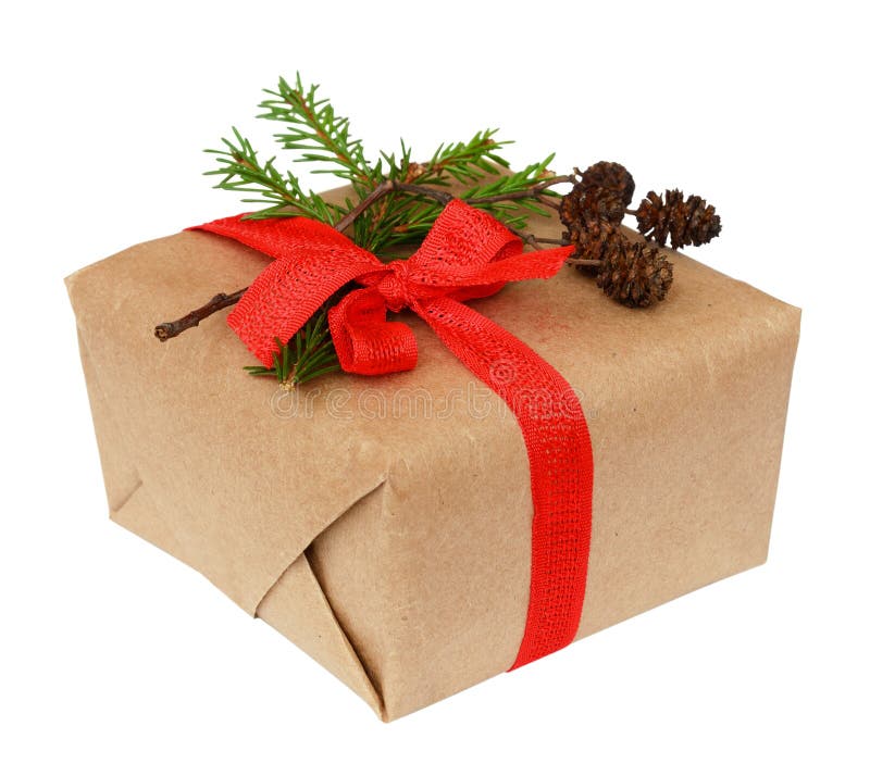Caixa de presente do Natal com curva da fita, galho do abeto e o cone pequeno imagens de stock royalty free Caixa de presente do Natal com curva da fita, galho do abeto e o cone pequeno imagens de stock royalty free