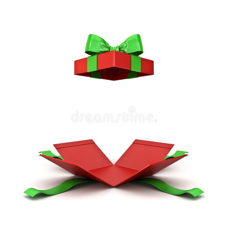 Caixa de presente de Natal aberta ou caixa atual vermelha com a curva verde da fita isolada no fundo branco ilustração stock Caixa de presente de Natal aberta ou caixa atual vermelha com a curva verde da fita isolada no fundo branco ilustração stock