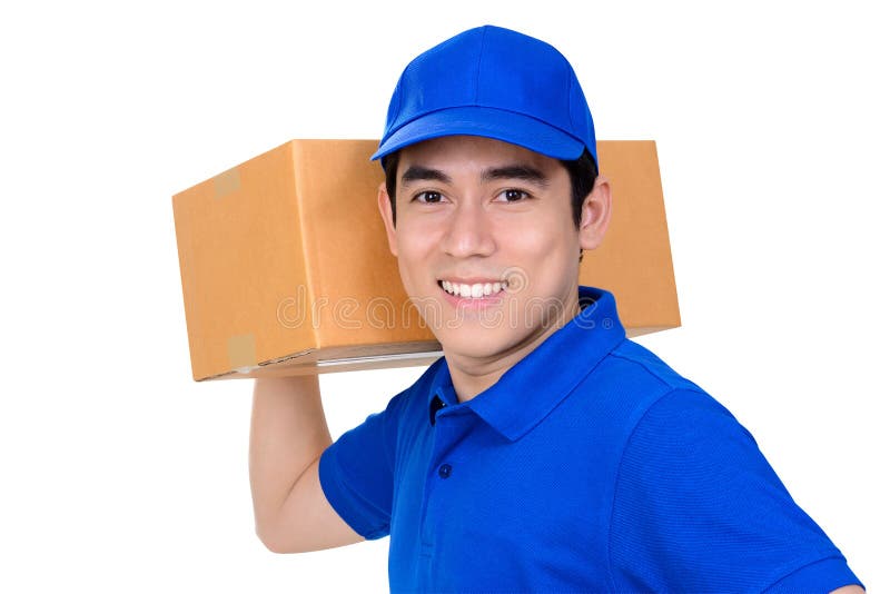 Caixa levando de sorriso do pacote do entregador fotografia de stock Caixa levando de sorriso do pacote do entregador fotografia de stock