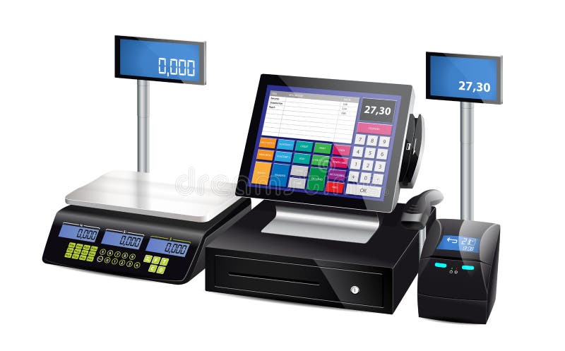 Shop cash register, printer and scales - retail equipment. Shop cash register, printer and scales - retail equipment