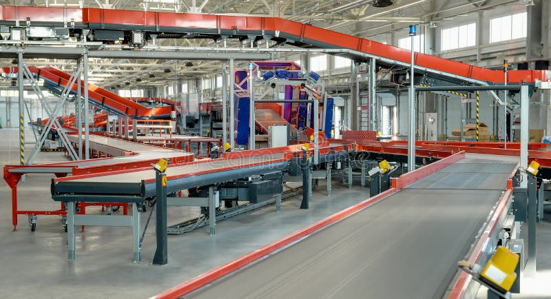 Empty conveyor sorting belt at distribution warehouse. Distribution hub for sorting packages and parcels delivered by air transportation. Empty conveyor sorting belt at distribution warehouse. Distribution hub for sorting packages and parcels delivered by air transportation.