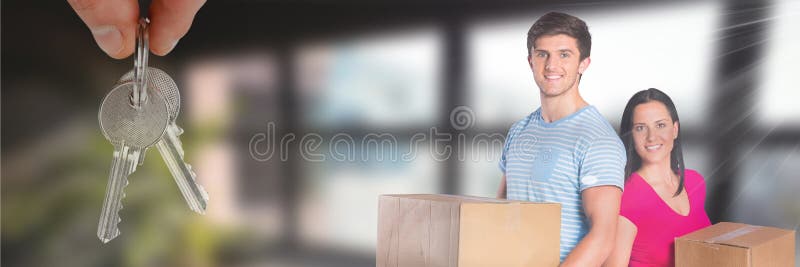 Digital composite of people moving boxes into new home with key. Digital composite of people moving boxes into new home with key