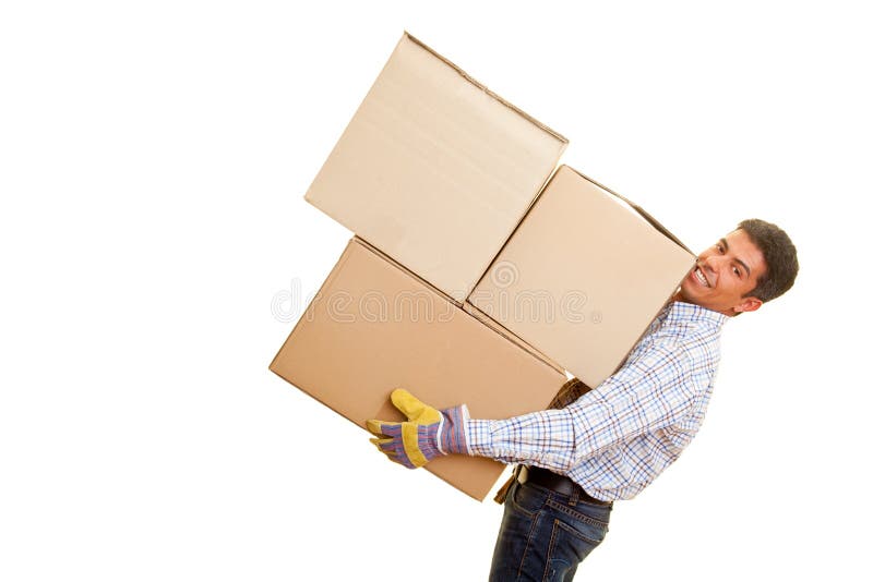 Smiling man carrying heavy boxes. Smiling man carrying heavy boxes