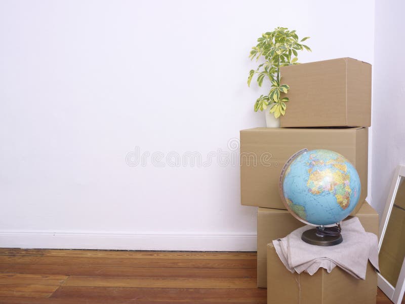 Caixas, planta e globo embalados imagem de stock Caixas, planta e globo embalados imagem de stock