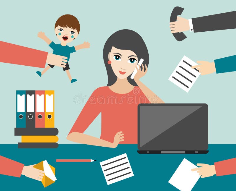 Busy multitasking woman clerk in office. Flat vector. Vector illustration. Busy multitasking woman clerk in office. Flat vector. Vector illustration.