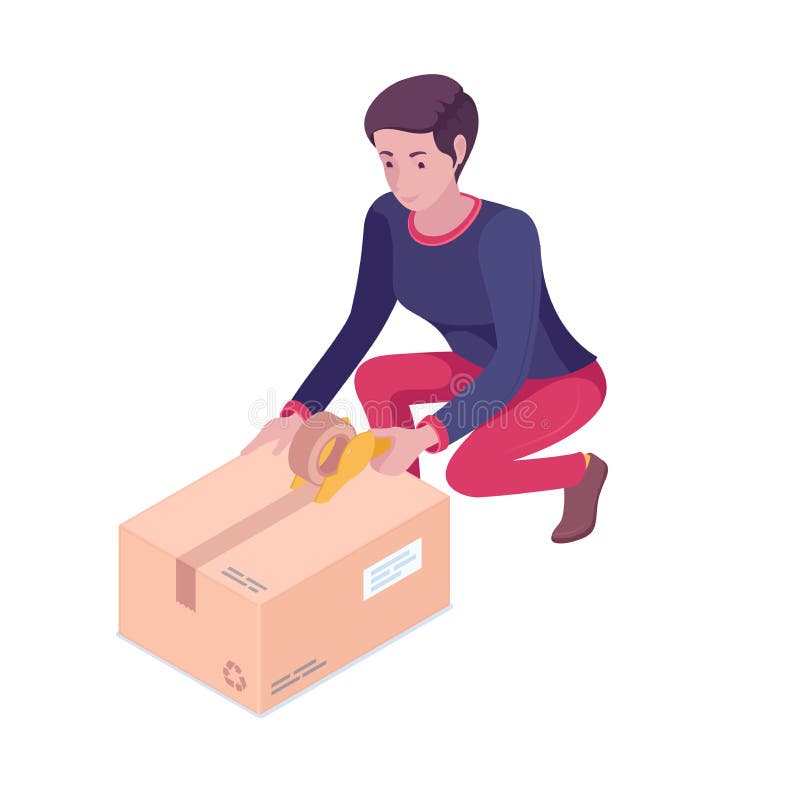 Young caucasian white woman moving to a new house and packing cardboard box. Girl taping up a cardboard box with adhesive tape. Vector cartoon isometric illustration isolated on white background. Young caucasian white woman moving to a new house and packing cardboard box. Girl taping up a cardboard box with adhesive tape. Vector cartoon isometric illustration isolated on white background.