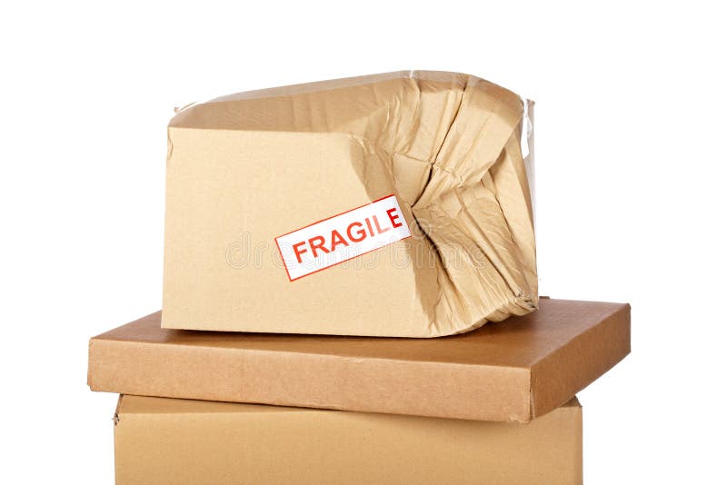 Damaged cardboard box, isolated on white background. Damaged cardboard box, isolated on white background