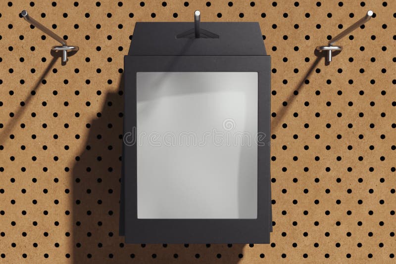 Caja de cartón negra aislada en el gancho en tienda representación 3d fotos de archivo libres de regalías Caja de cartón negra aislada en el gancho en tienda representación 3d fotos de archivo libres de regalías