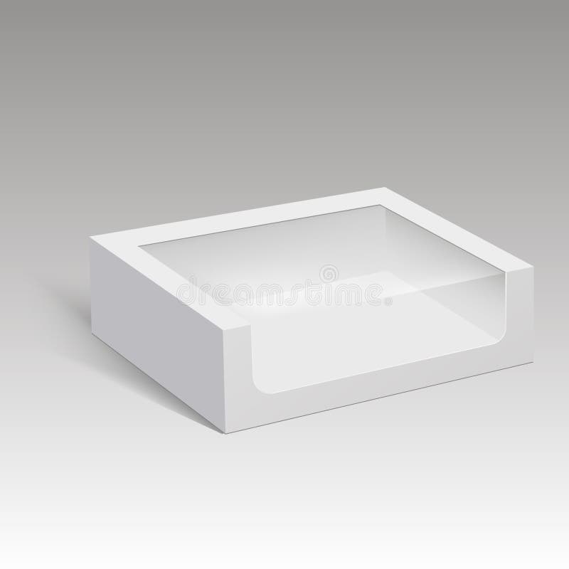 Caja de papel en blanco que empaqueta para el bocadillo, la comida, el regalo u otros productos con la ventana plástica Ilustraci ilustración del vector Caja de papel en blanco que empaqueta para el bocadillo, la comida, el regalo u otros productos con la ventana plástica Ilustraci ilustración del vector