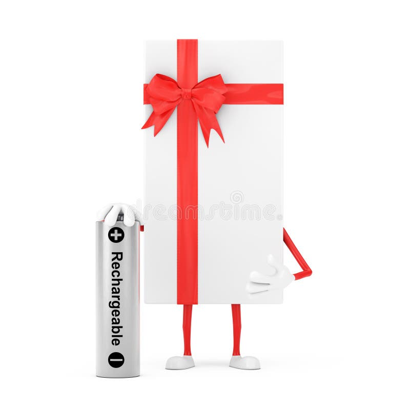 White Gift Box and Red Ribbon Character Mascot with Rechargeable Battery on a white background. 3d Rendering. White Gift Box and Red Ribbon Character Mascot with Rechargeable Battery on a white background. 3d Rendering