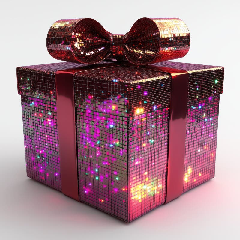 Caja de regalo brillante con textura de bola disco y luces coloridas brillantes stock de ilustración