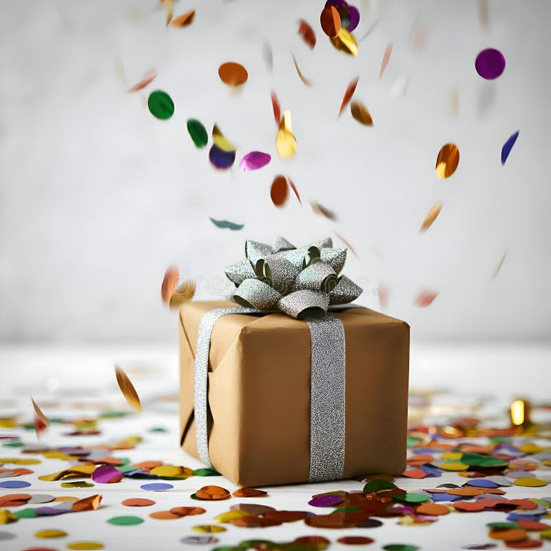 Caja de regalo de color marrón claro con cinta de plata y arco rodeado por colorido confeti ai generado ilustración del vector