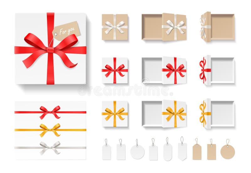 Caja de regalo del arte, nudo del arco del color rojo, cinta vacía y sistema abiertos de la etiqueta aislado en el fondo blanco F