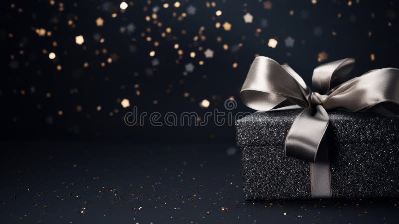 Caja de regalo negra con cinta de plata en un fondo oscuro con luces de bokeh doradas stock de ilustración