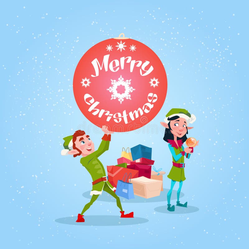 Caja del presente de la bola de la decoración de Santa Helper Hold New Year del personaje de dibujos animados del grupo del duend stock de ilustración